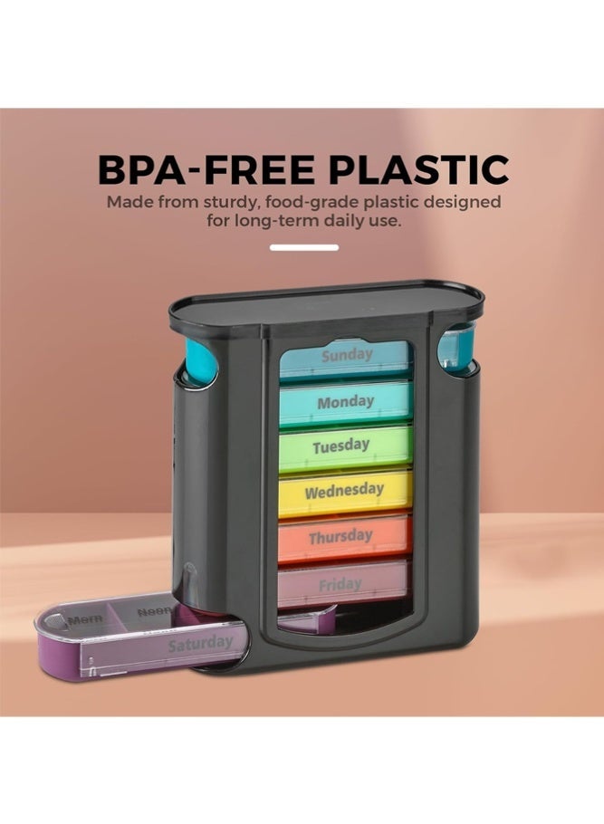 منظم حبوب أسبوعي، موزع واحد، 7 حجرات قابلة للتكديس، أربع جرعات يومية – صباحًا، ظهرًا، مساءً وقبل النوم، أسود - Image 4